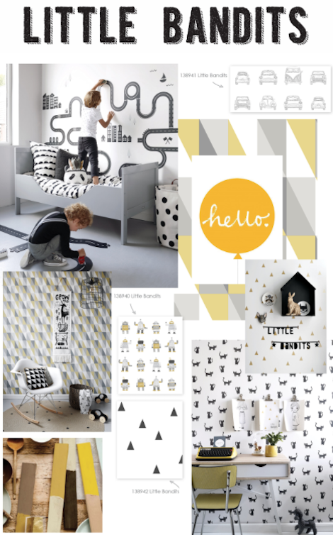 Behangcollectie little Bandits moodboard geel